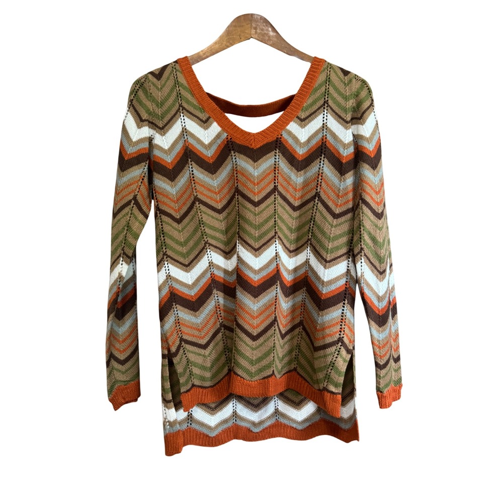 Sleek by R7 Chevron Knit Sweater Womens S Orange Multi NWT Strappy Back Tunic